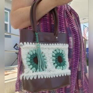 Crochet Leather Tote Bag - Handmade In Brown, Blue & White